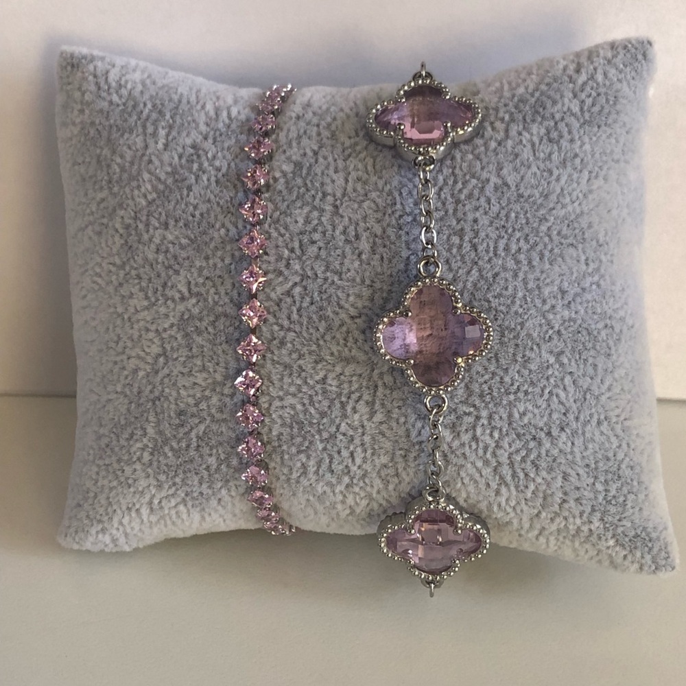 2 Bracelet Bundle: New Pink Clover Crystal Bracelet AND matching Tennis bracelet